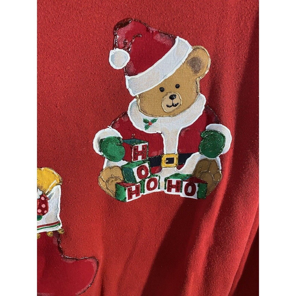Vintage Embroidered/ Puppies In Sleigh Santa With Gifts 2side Sweatshirt Size XL - Picture 14 of 16